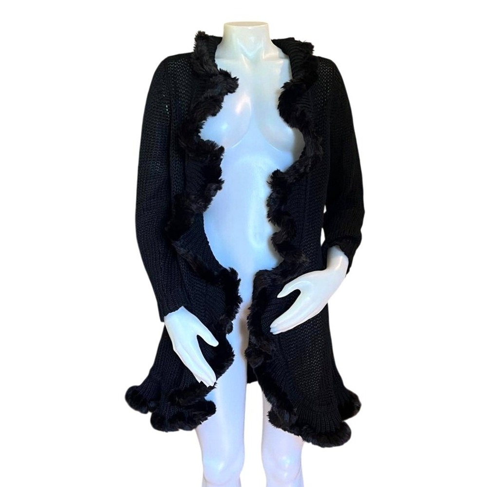 Black Faux Fur Trim Chunky Knit Wool Blend Longline Cardigan Chicos 2 Whimsigoth